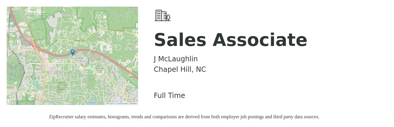 J McLaughlin job posting for a Sales Associate in Chapel Hill, NC with a salary of $13 to $18 Hourly with a map of Chapel Hill location.