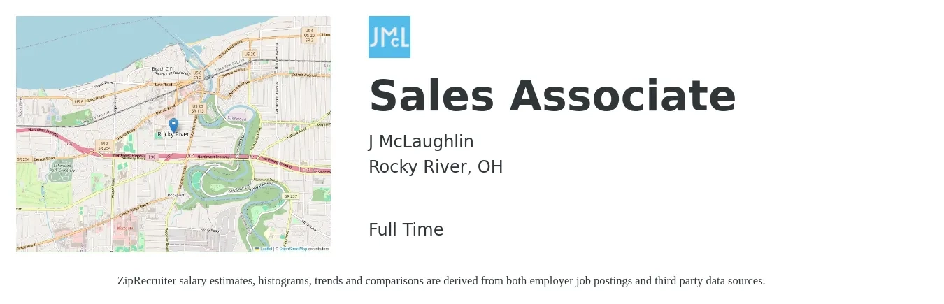 J McLaughlin job posting for a Sales Associate in Rocky River, OH with a salary of $13 to $18 Hourly with a map of Rocky River location.