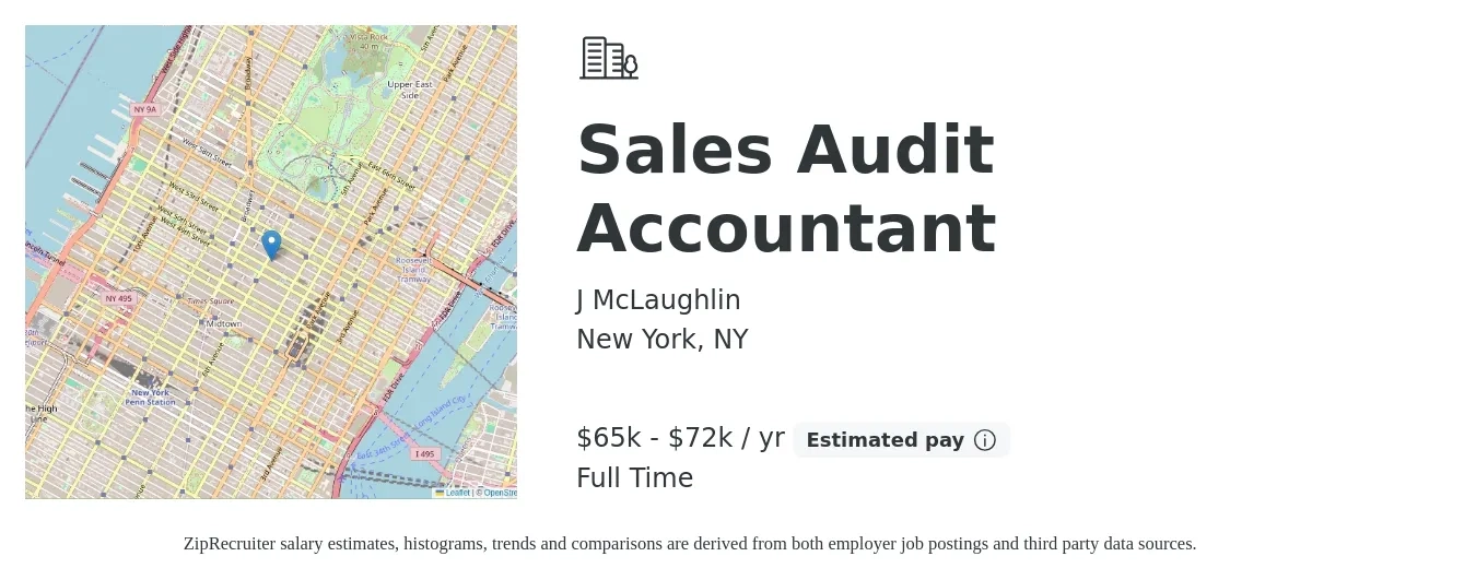J McLaughlin job posting for a Sales Audit Accountant in New York, NY with a salary of $65,000 to $72,000 Yearly with a map of New York location.