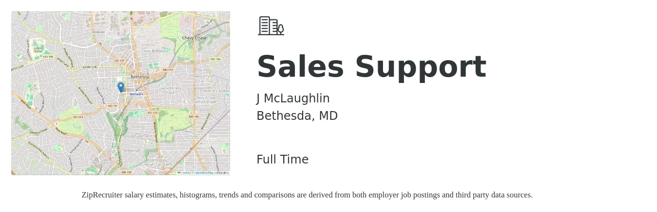 J McLaughlin job posting for a Sales Support in Bethesda, MD with a salary of $18 to $24 Hourly with a map of Bethesda location.