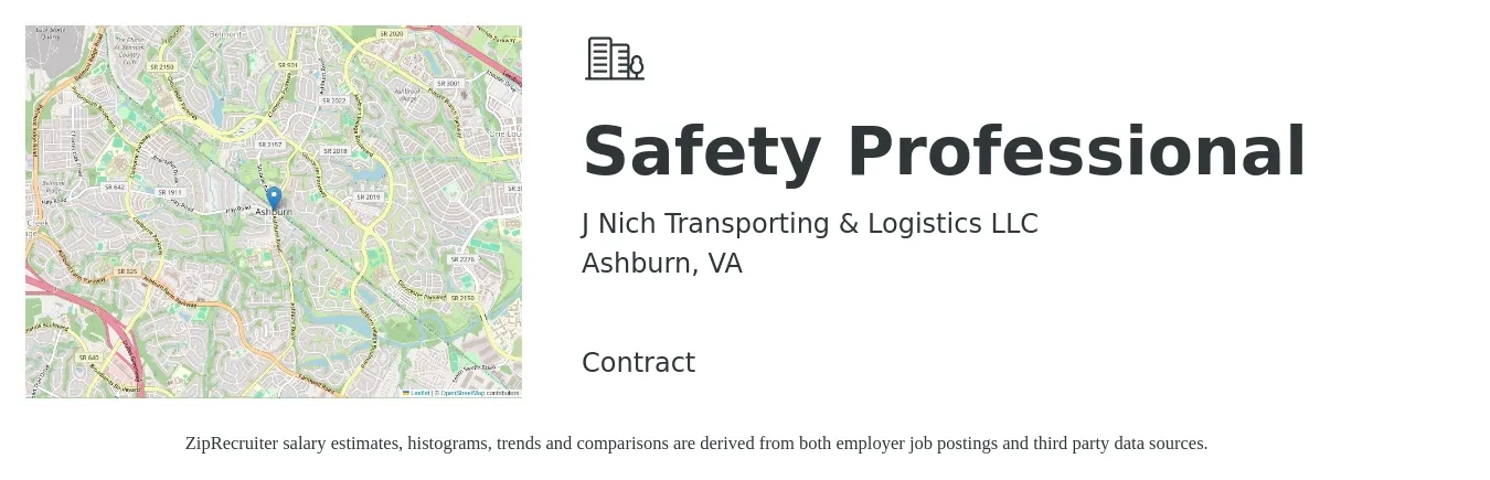 J Nich Transporting & Logistics LLC job posting for a Safety Professional in Ashburn, VA with a salary of $27 to $42 Hourly with a map of Ashburn location.