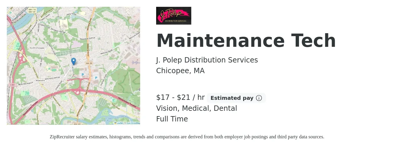 J. Polep Distribution Services job posting for a Maintenance Tech in Chicopee, MA with a salary of $18 to $22 Hourly and benefits including retirement, vision, dental, life_insurance, medical, and pto with a map of Chicopee location.