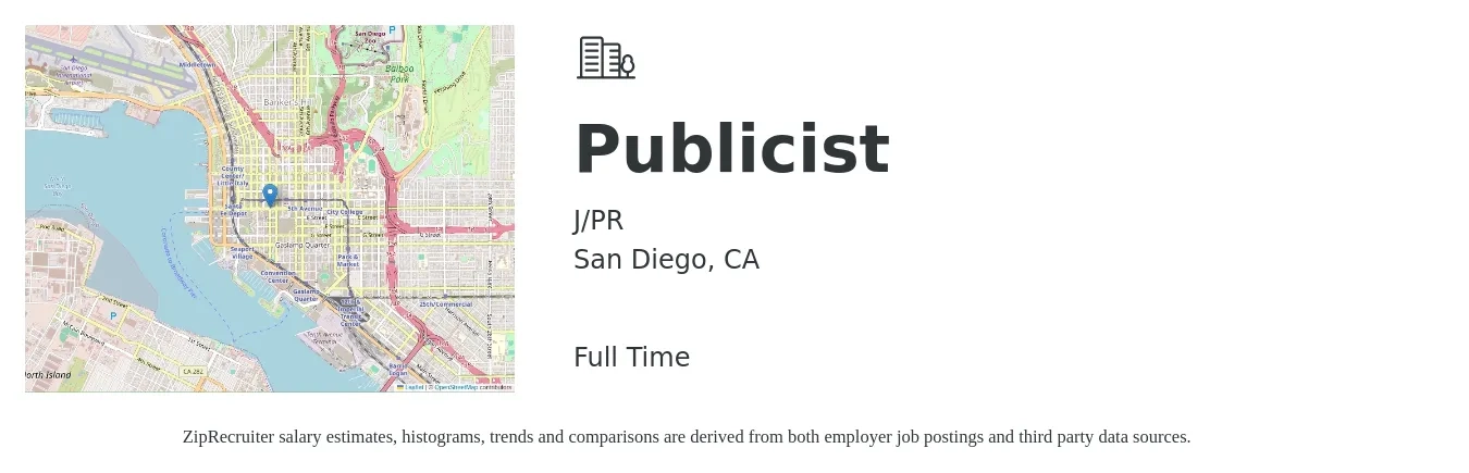 J/PR job posting for a Publicist in San Diego, CA with a salary of $55,200 to $79,600 Yearly with a map of San Diego location.