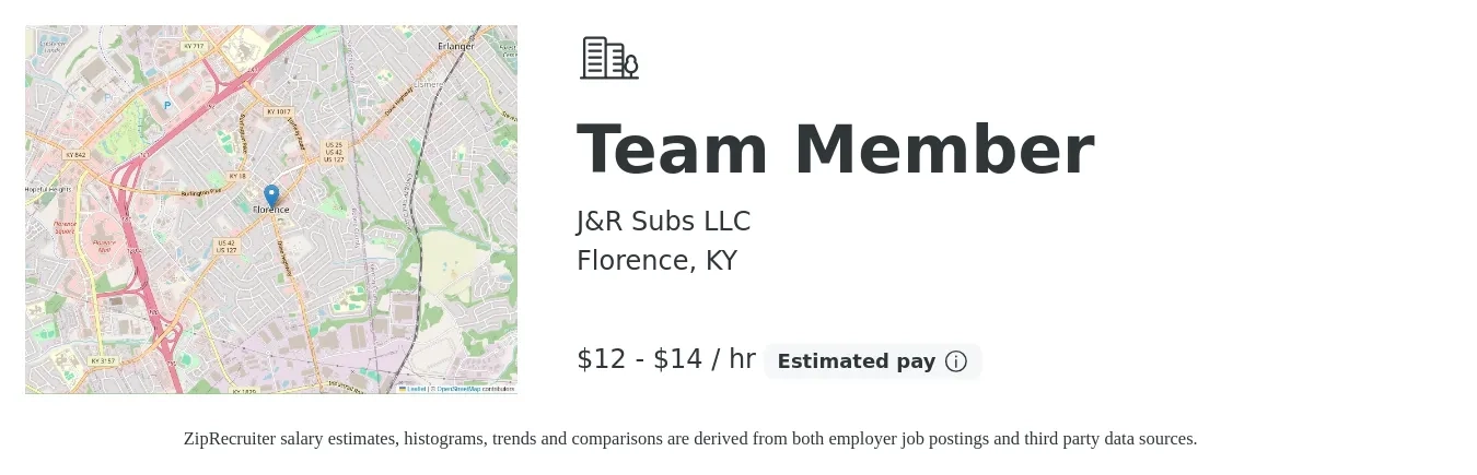J&R Subs LLC job posting for a Team Member in Florence, KY with a salary of $13 to $15 Hourly with a map of Florence location.