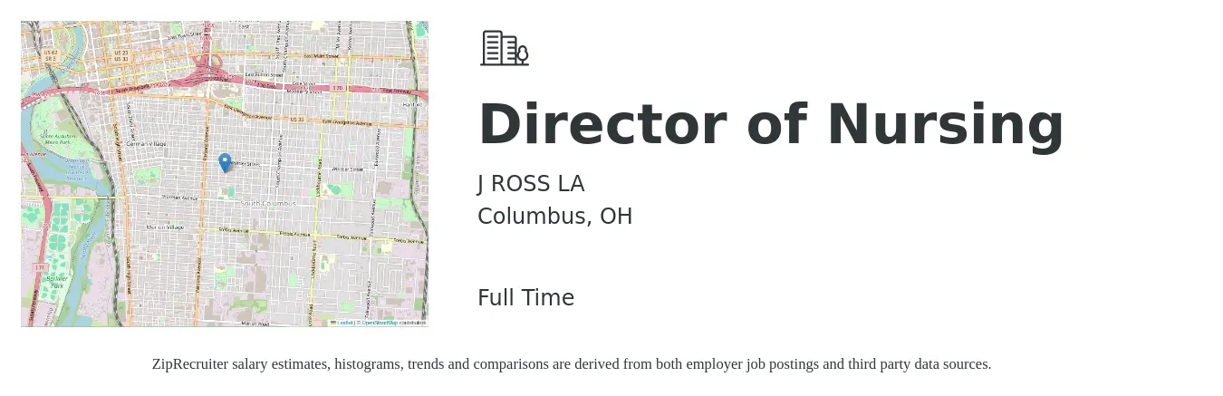 J ROSS LA job posting for a Director of Nursing in Columbus, OH with a salary of $80,200 to $121,200 Yearly with a map of Columbus location.