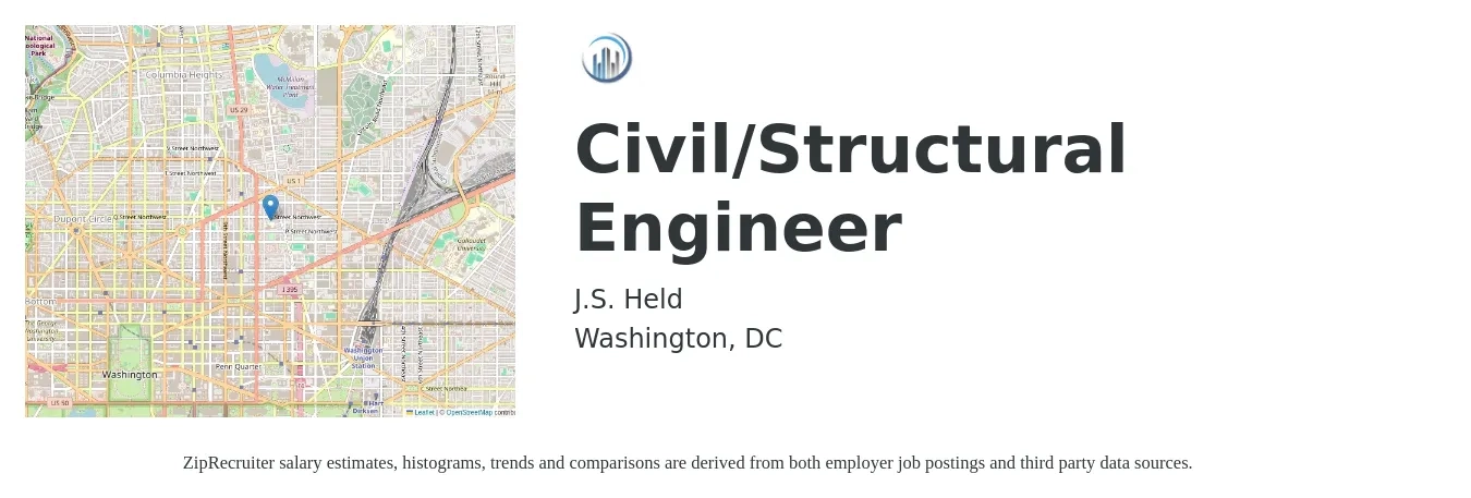 J.S. Held job posting for a Civil/Structural Engineer in Washington, DC with a salary of $90,000 to $150,000 Yearly with a map of Washington location.