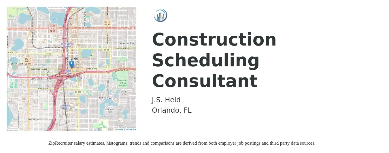 J.S. Held job posting for a Construction Scheduling Consultant in Orlando, FL with a salary of $46,700 to $115,800 Yearly with a map of Orlando location.
