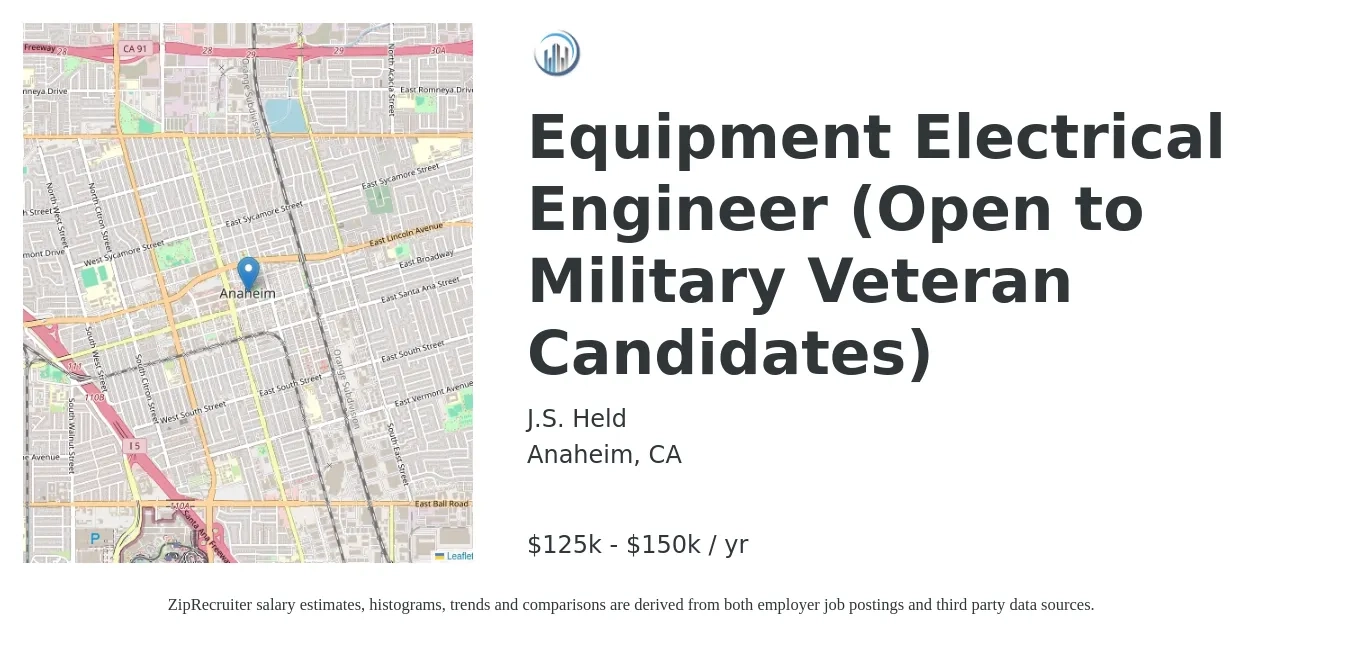 J.S. Held job posting for a Equipment Electrical Engineer (Open to Military Veteran Candidates) in Anaheim, CA with a salary of $125,000 to $150,000 Yearly with a map of Anaheim location.