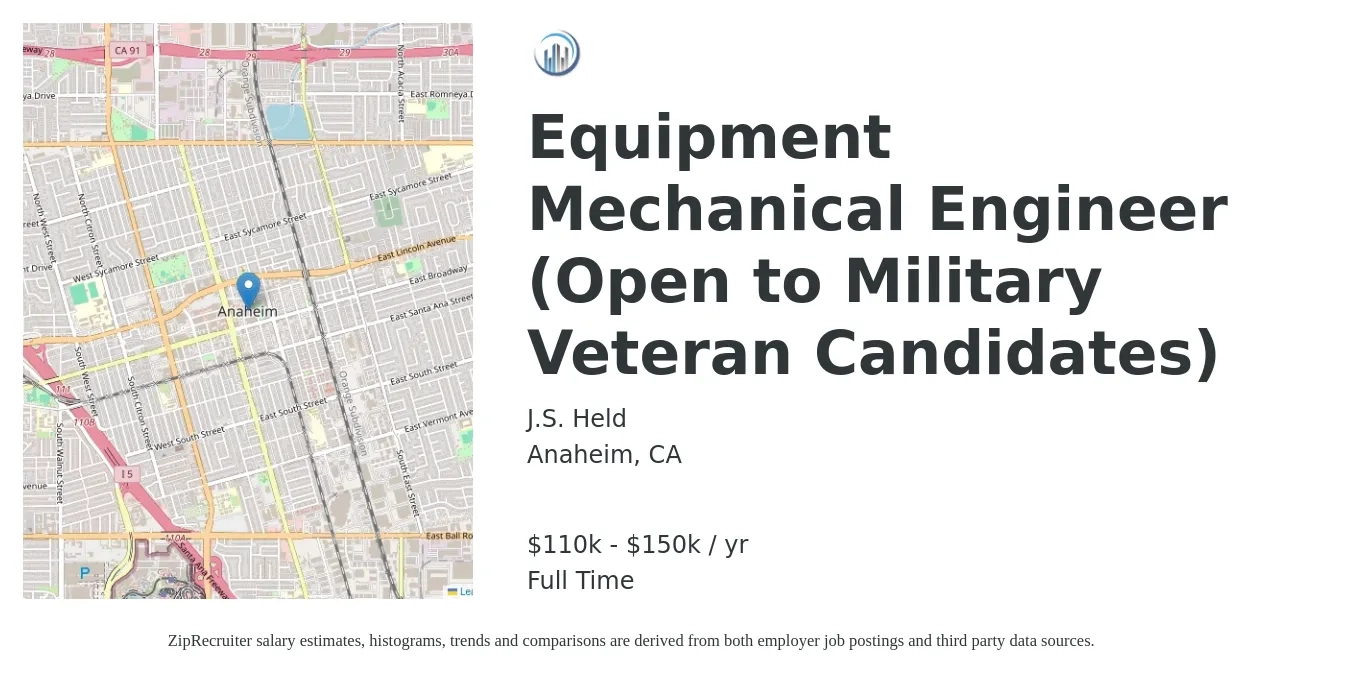 J.S. Held job posting for a Equipment Mechanical Engineer (Open to Military Veteran Candidates) in Anaheim, CA with a salary of $110,000 to $150,000 Yearly with a map of Anaheim location.