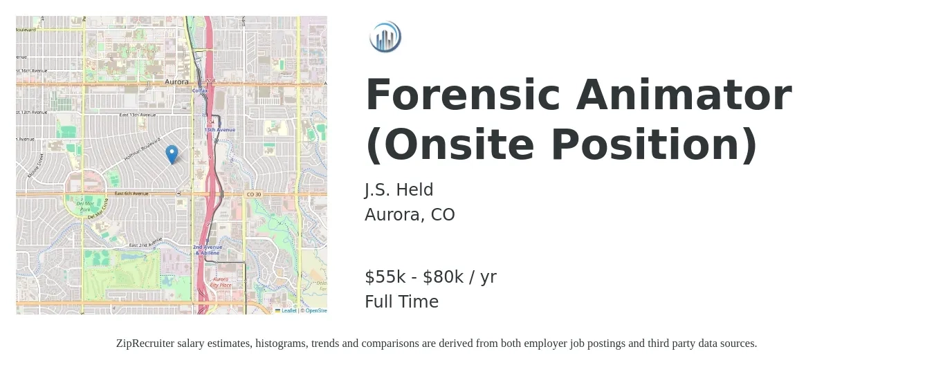 J.S. Held job posting for a Forensic Animator (Onsite Position) in Aurora, CO with a salary of $55,000 to $80,000 Yearly with a map of Aurora location.