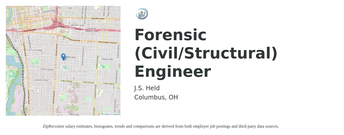 J.S. Held job posting for a Forensic (Civil/Structural) Engineer in Columbus, OH with a salary of $90,000 to $140,000 Yearly with a map of Columbus location.