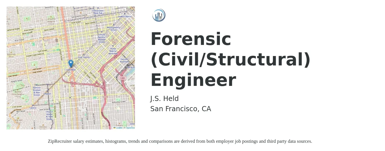 J.S. Held job posting for a Forensic (Civil/Structural) Engineer in San Francisco, CA with a salary of $160,000 Yearly with a map of San Francisco location.