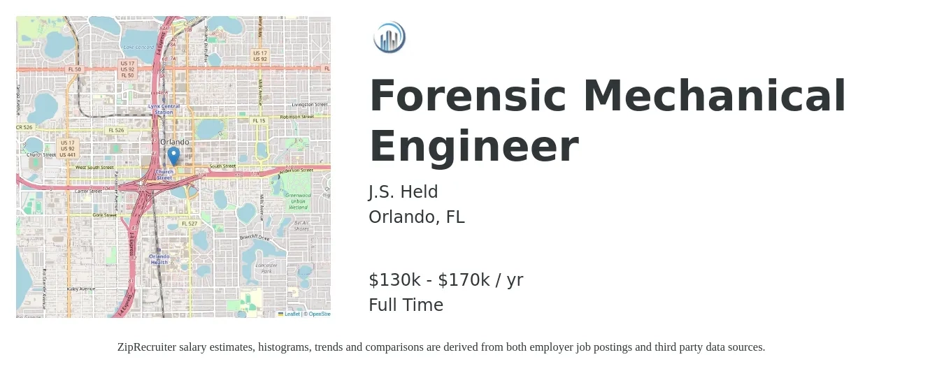 J.S. Held job posting for a Forensic Mechanical Engineer in Orlando, FL with a salary of $130,000 to $170,000 Yearly with a map of Orlando location.
