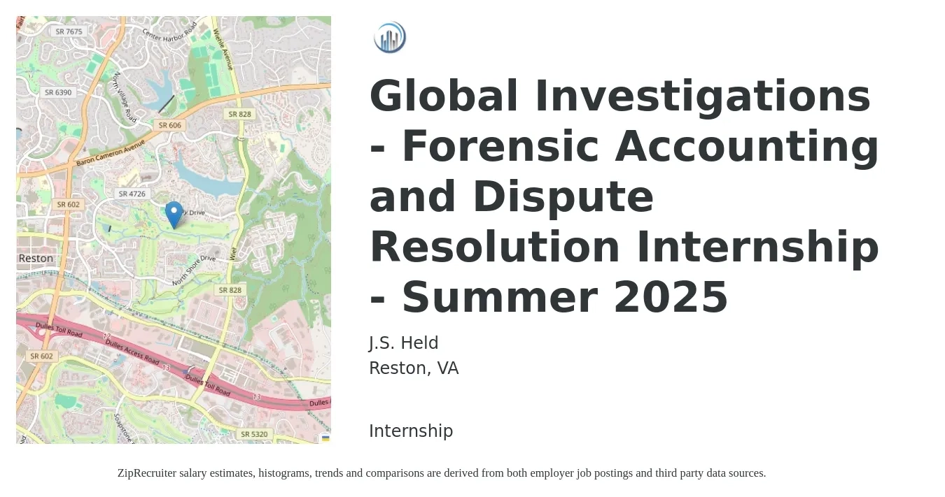 JS Held LLC job posting for a Global Investigations - Forensic Accounting and Dispute Resolution Internship - Summer 2025 in Reston, VA with a salary of $17 to $21 Hourly with a map of Reston location.