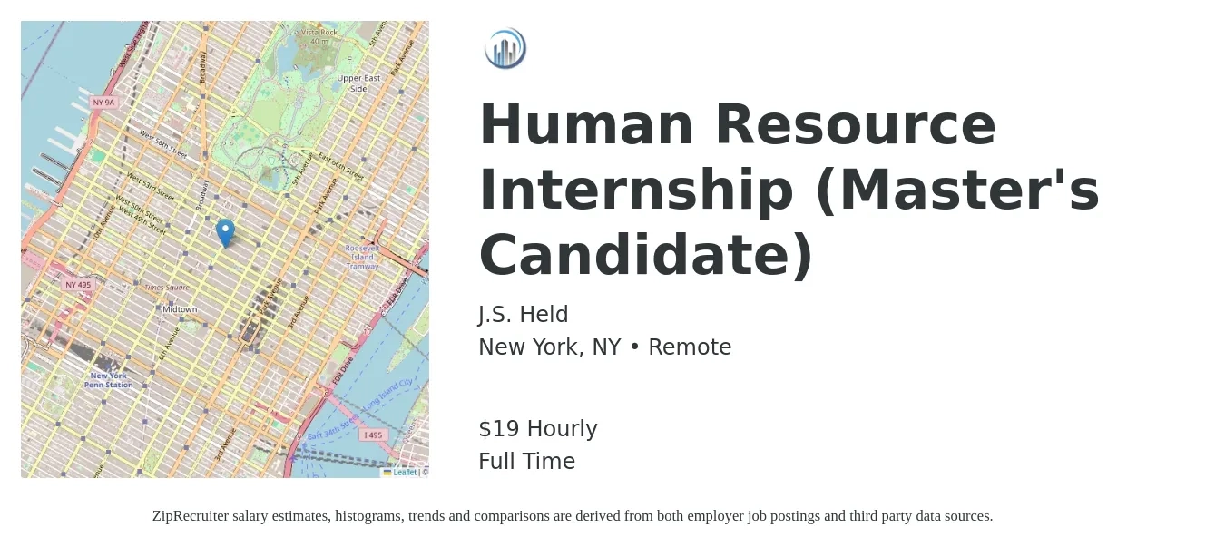 J.S. Held job posting for a Human Resource Internship (Master's Candidate) in New York, NY with a salary of $20 Hourly with a map of New York location.