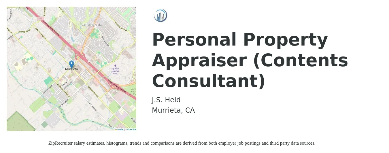 J.S. Held job posting for a Personal Property Appraiser (Contents Consultant) in Murrieta, CA with a salary of $70,000 to $85,000 Yearly with a map of Murrieta location.
