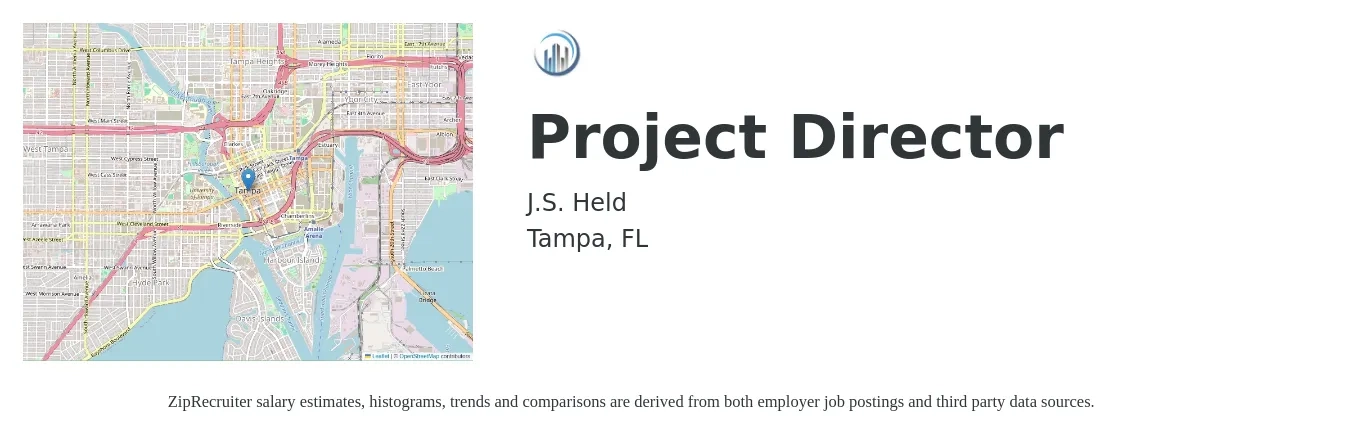 J.S. Held job posting for a Project Director in Tampa, FL with a salary of $69,900 to $136,600 Yearly with a map of Tampa location.