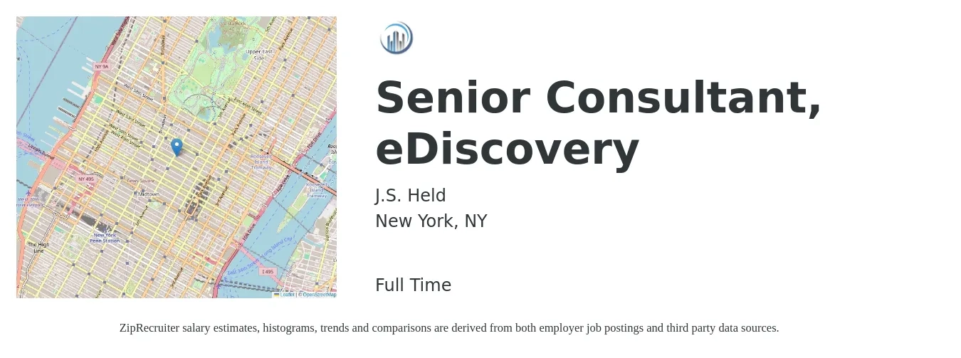 J.S. Held job posting for a Senior Consultant, eDiscovery in New York, NY with a salary of $153,400 to $185,200 Yearly with a map of New York location.