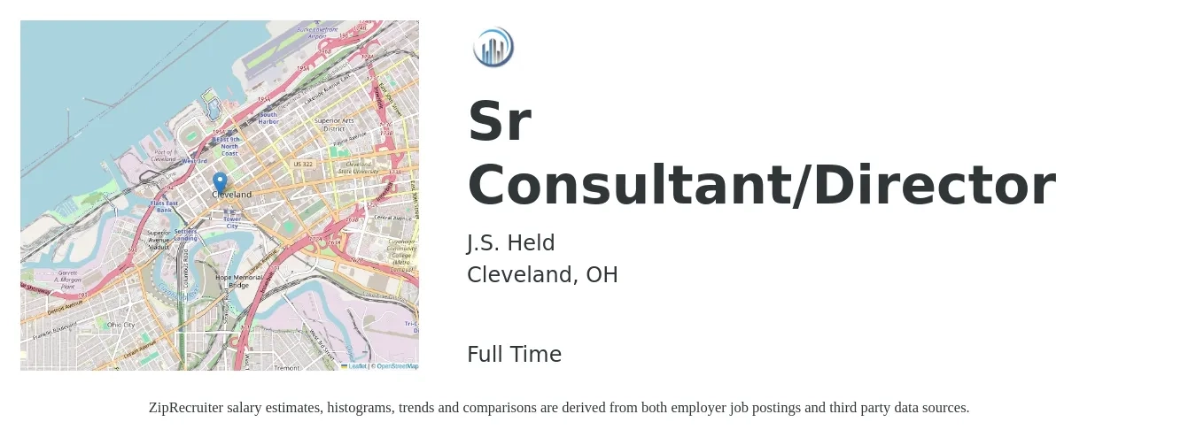 J.S. Held job posting for a Sr Consultant/Director in Cleveland, OH with a salary of $84,900 to $133,800 Yearly with a map of Cleveland location.