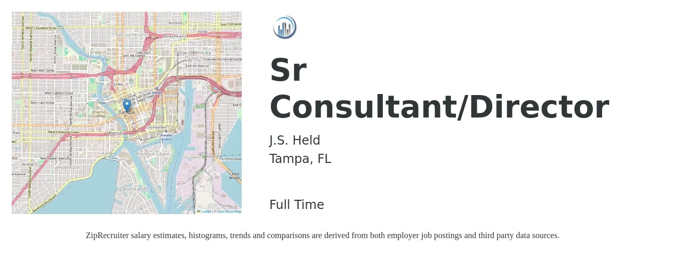 J.S. Held job posting for a Sr Consultant/Director in Tampa, FL with a salary of $82,700 to $130,400 Yearly with a map of Tampa location.