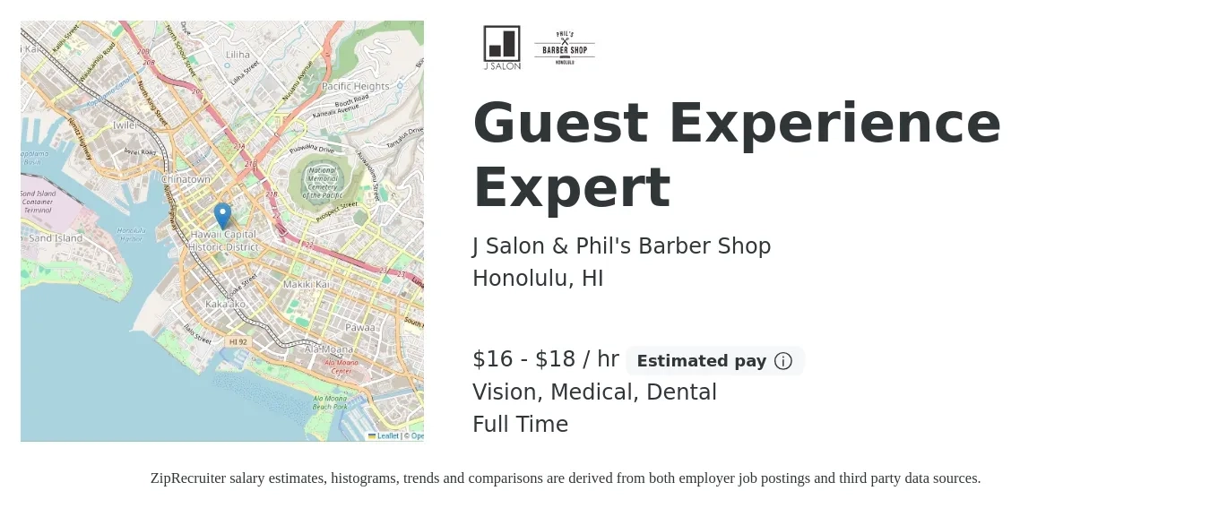 J Salon & Phil's Barber Shop job posting for a Guest Experience Expert in Honolulu, HI with a salary of $17 to $19 Hourly and benefits including medical, vision, and dental with a map of Honolulu location.