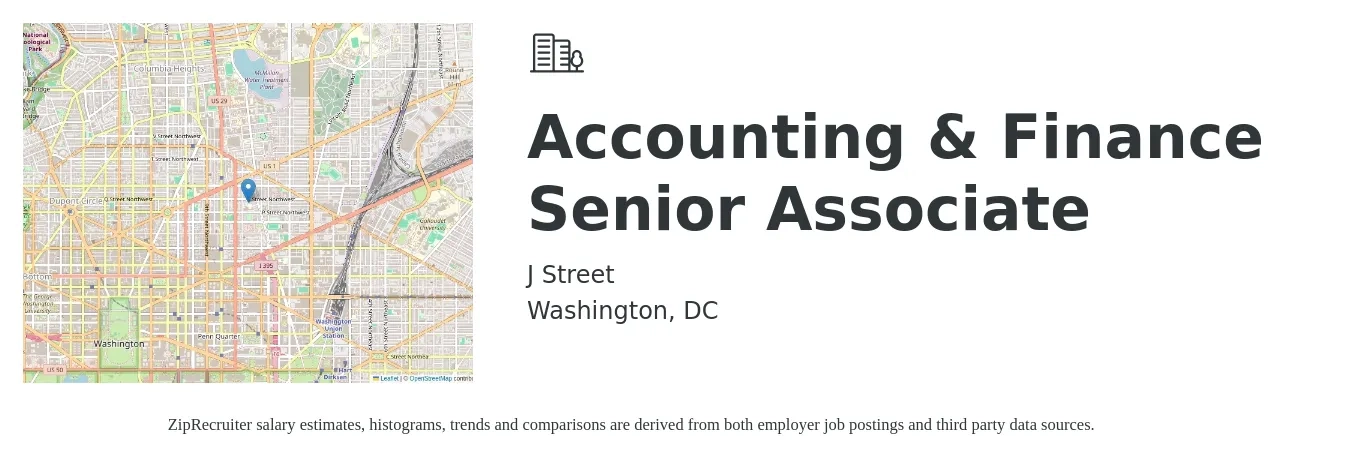 J Street job posting for a Accounting & Finance Senior Associate in Washington, DC with a salary of $56,000 to $60,000 Yearly with a map of Washington location.