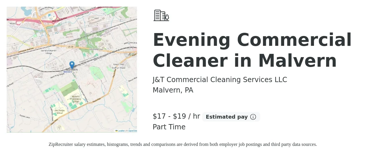 J&T Commercial Cleaning Services LLC job posting for a Evening Commercial Cleaner in Malvern in Malvern, PA with a salary of $18 to $20 Hourly with a map of Malvern location.