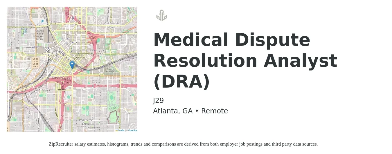 J29 job posting for a Medical Dispute Resolution Analyst (DRA) in Atlanta, GA with a salary of $23 to $34 Hourly with a map of Atlanta location.