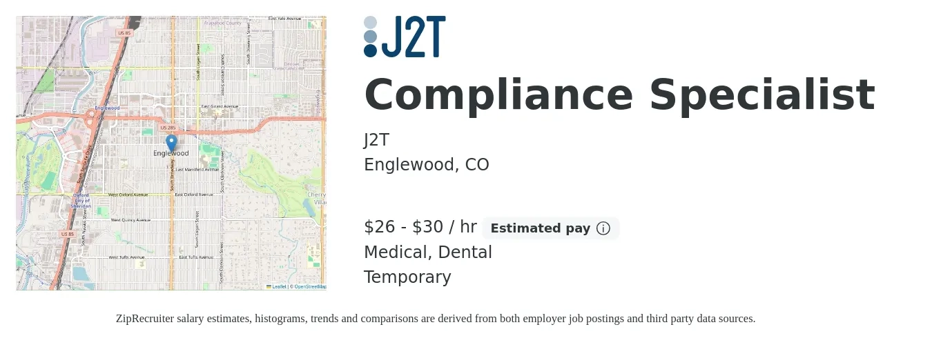 J2T job posting for a Compliance Specialist in Englewood, CO with a salary of $28 to $32 Hourly and benefits including medical, pto, retirement, and dental with a map of Englewood location.