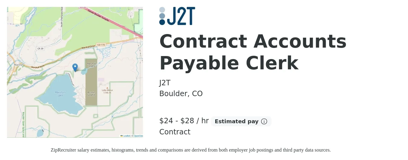 J2T job posting for a Contract Accounts Payable Clerk in Boulder, CO with a salary of $25 to $30 Hourly with a map of Boulder location.