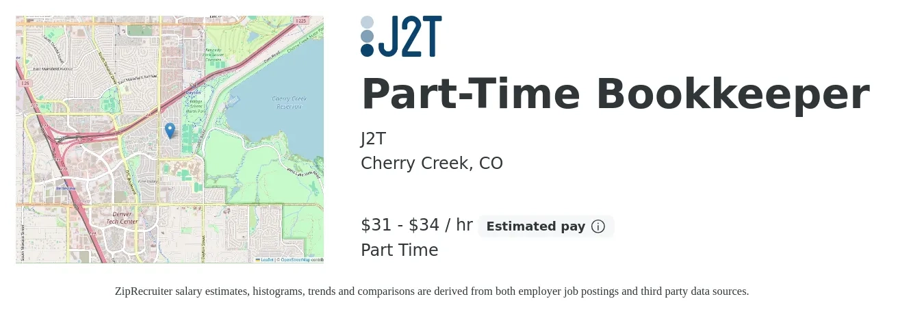 J2T job posting for a Part-Time Bookkeeper in Cherry Creek, CO with a salary of $33 to $36 Hourly with a map of Cherry Creek location.