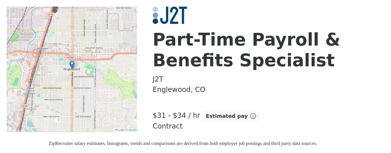 J2T job posting for a Part-Time Payroll & Benefits Specialist in Englewood, CO with a salary of $33 to $36 Hourly with a map of Englewood location.