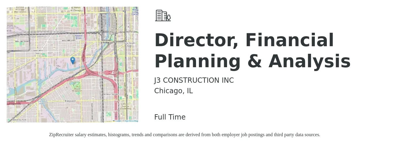 J3 CONSTRUCTION INC job posting for a Director, Financial Planning & Analysis in Chicago, IL with a salary of $147,400 to $187,600 Yearly with a map of Chicago location.
