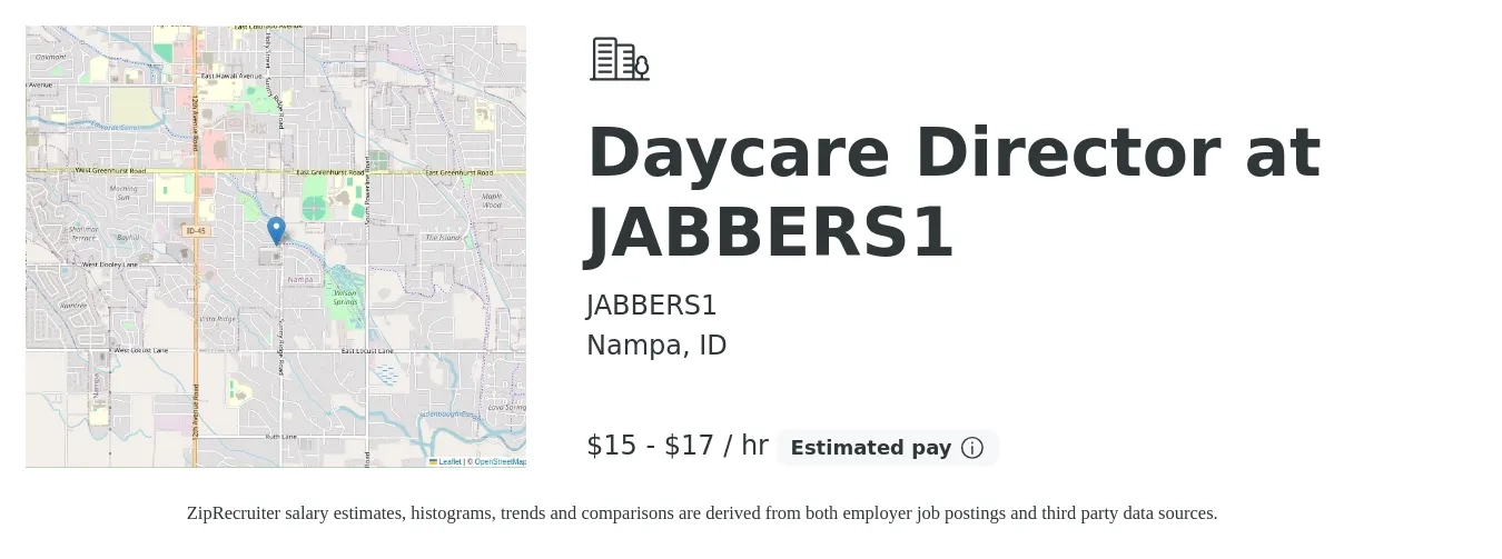 JABBERS1 job posting for a Daycare Director at JABBERS1 in Nampa, ID with a salary of $16 to $18 Hourly with a map of Nampa location.