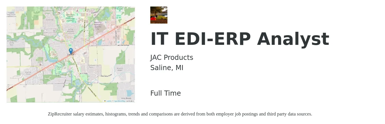 JAC Products job posting for a IT EDI-ERP Analyst in Saline, MI with a salary of $58,100 to $90,500 Yearly with a map of Saline location.