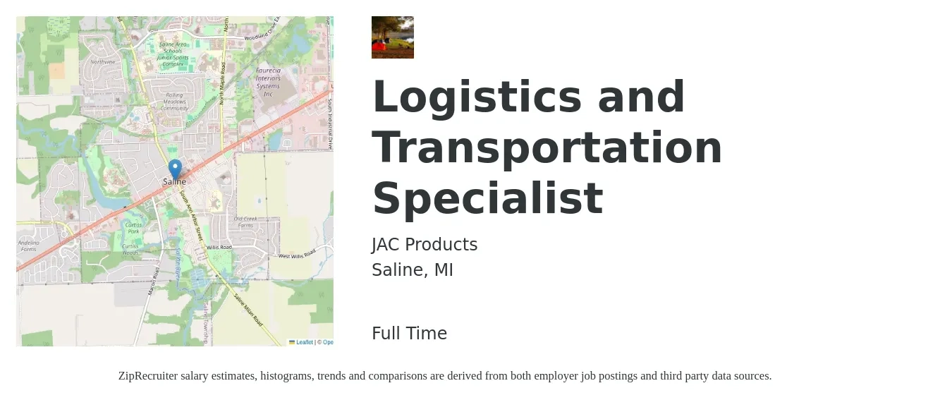 JAC Products job posting for a Logistics and Transportation Specialist in Saline, MI with a salary of $18 to $27 Hourly with a map of Saline location.