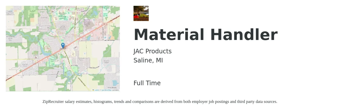 JAC Products job posting for a Material Handler in Saline, MI with a salary of $15 to $18 Hourly with a map of Saline location.