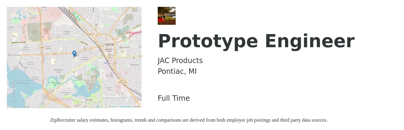JAC Products job posting for a Prototype Engineer in Pontiac, MI with a salary of $35 to $40 Hourly with a map of Pontiac location.