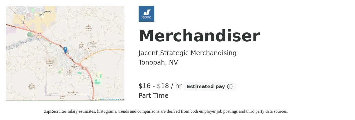 Jacent Strategic Merchandising job posting for a Merchandiser in Tonopah, NV with a salary of $17 to $19 Hourly with a map of Tonopah location.