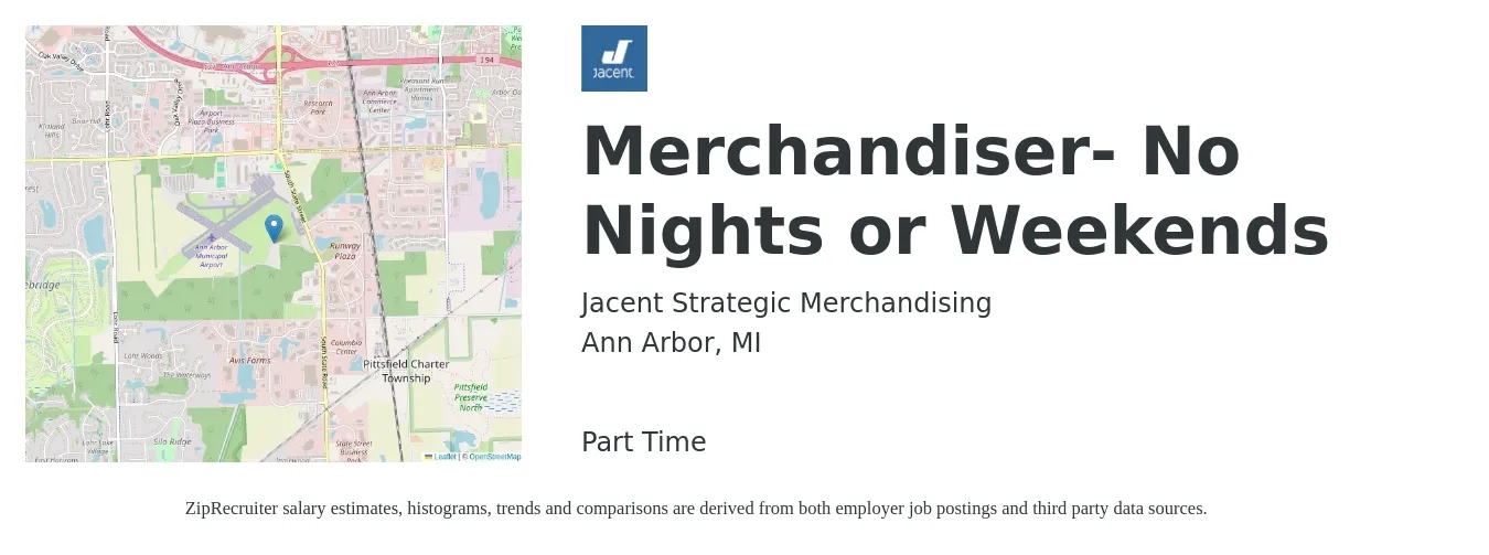 Jacent Strategic Merchandising job posting for a Merchandiser- No Nights or Weekends in Ann Arbor, MI with a salary of $17 to $20 Hourly with a map of Ann Arbor location.