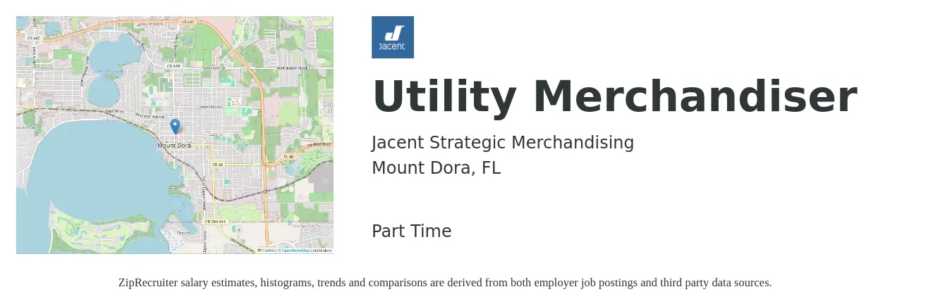 Jacent Strategic Merchandising job posting for a Utility Merchandiser in Mount Dora, FL with a salary of $14 to $16 Hourly with a map of Mount Dora location.