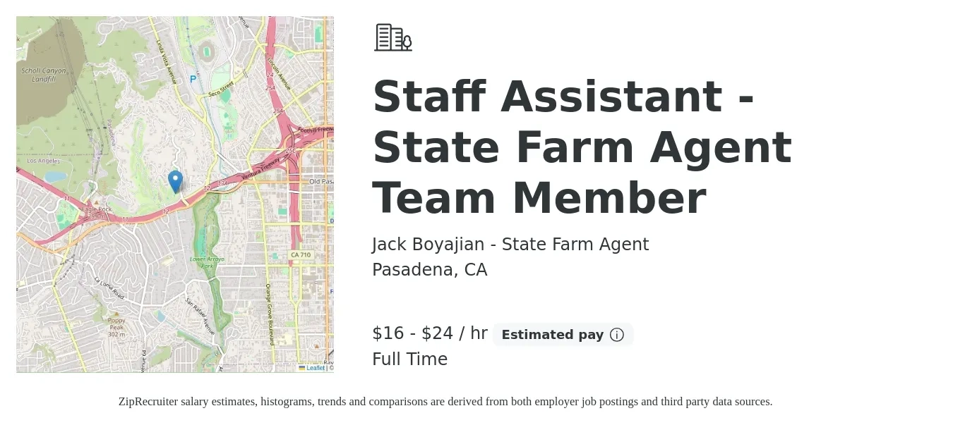 Jack Boyajian - State Farm Agent job posting for a Staff Assistant - State Farm Agent Team Member in Pasadena, CA with a salary of $19 to $25 Hourly with a map of Pasadena location.