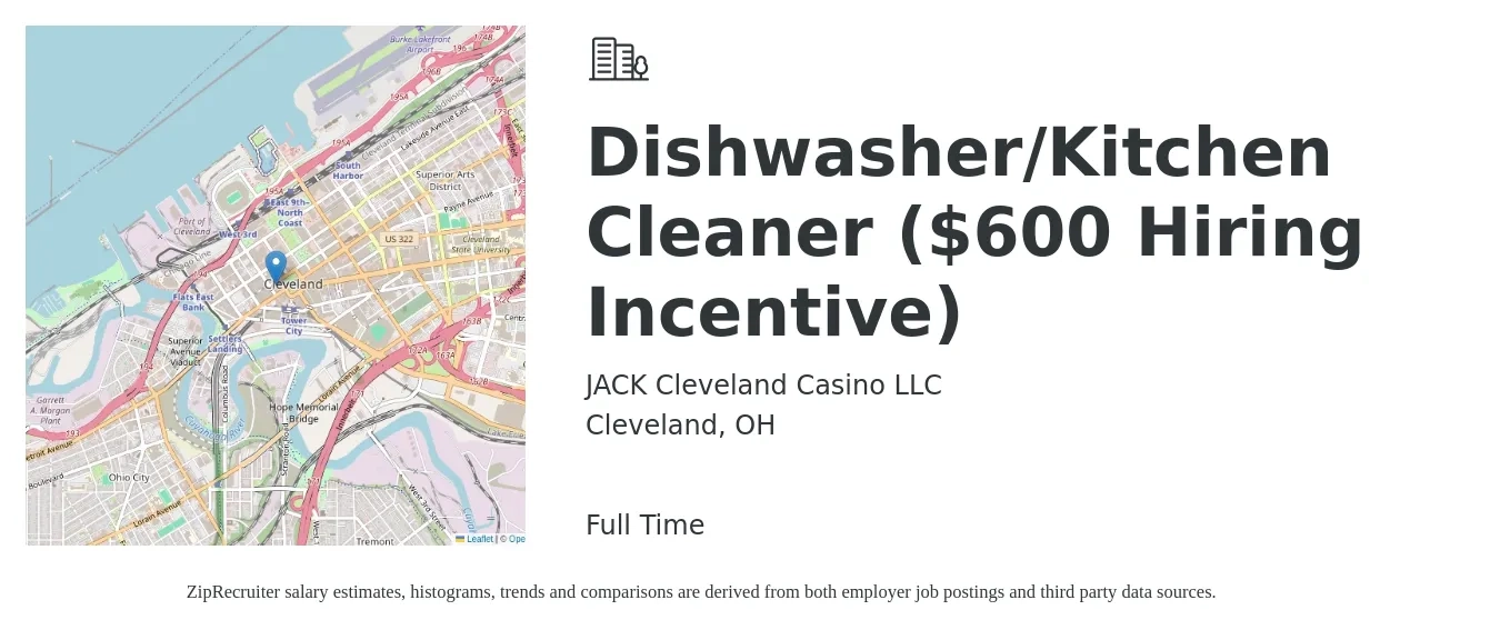 JACK Cleveland Casino LLC job posting for a Dishwasher/Kitchen Cleaner ($600 Hiring Incentive) in Cleveland, OH with a salary of $12 to $16 Hourly with a map of Cleveland location.