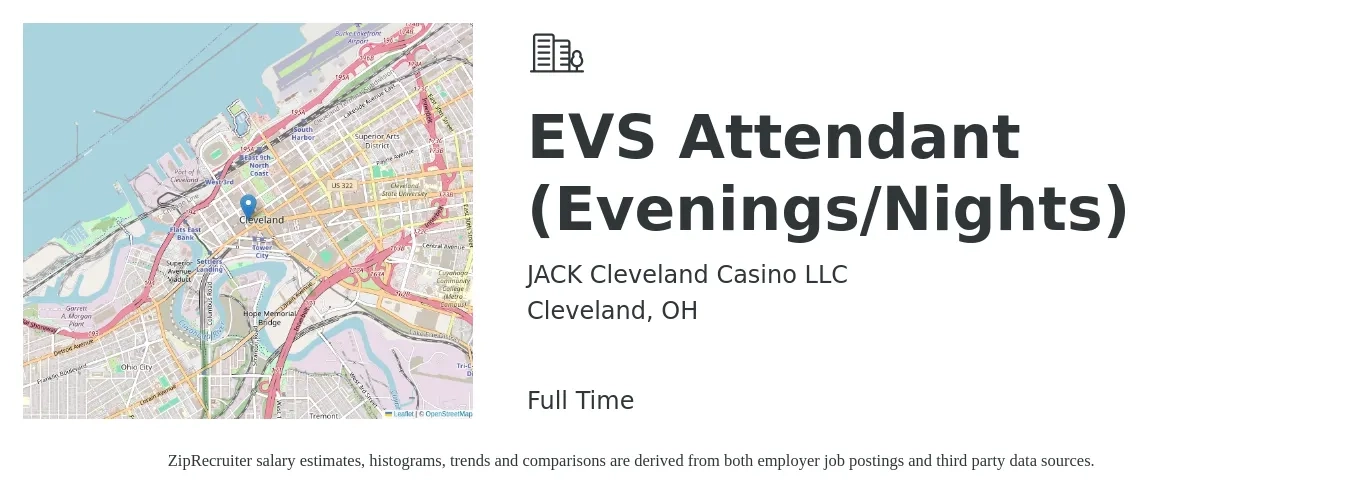 JACK Cleveland Casino LLC job posting for a EVS Attendant (Evenings/Nights) in Cleveland, OH with a salary of $14 to $18 Hourly with a map of Cleveland location.