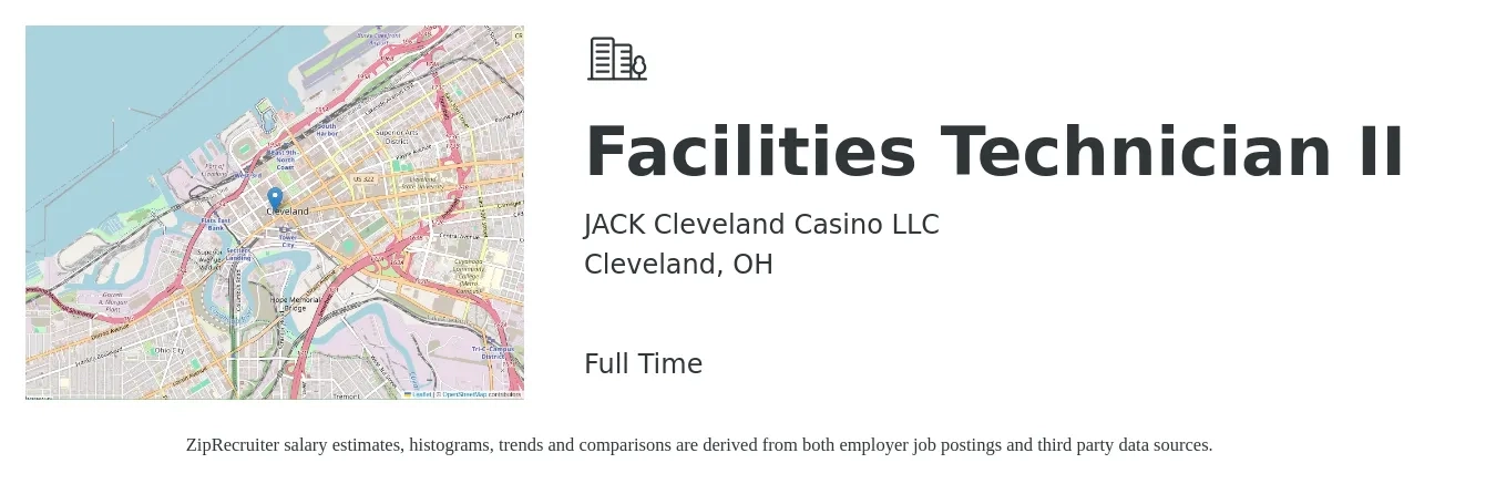 JACK Cleveland Casino LLC job posting for a Facilities Technician II in Cleveland, OH with a salary of $19 to $27 Hourly with a map of Cleveland location.
