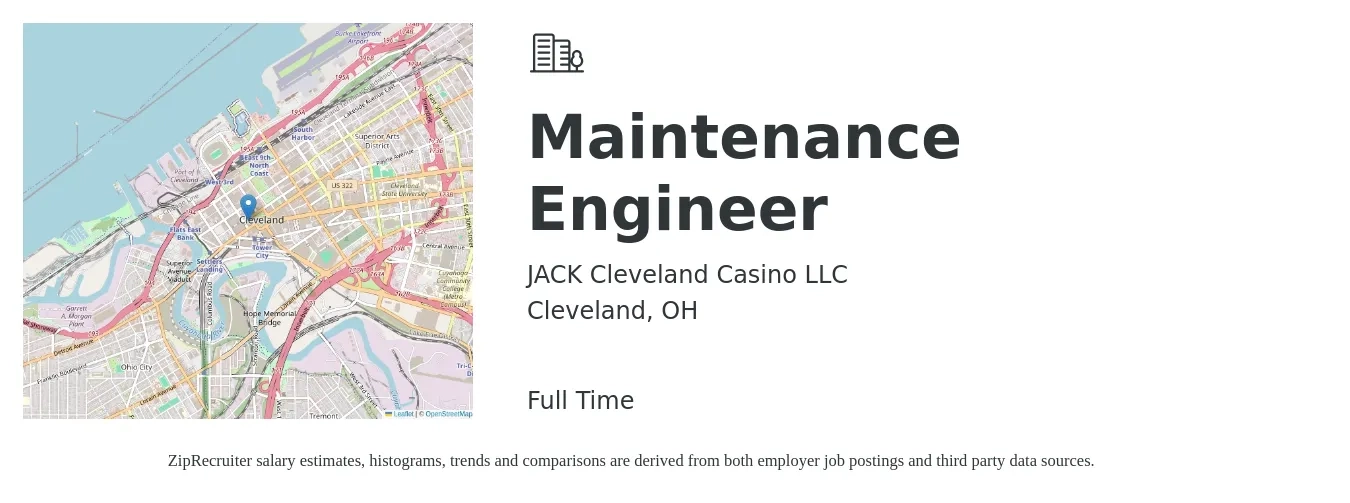 JACK Cleveland Casino LLC job posting for a Maintenance Engineer in Cleveland, OH with a salary of $18 to $32 Hourly with a map of Cleveland location.