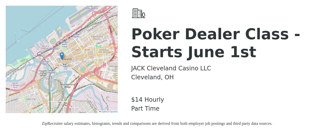 JACK Cleveland Casino LLC job posting for a Poker Dealer Class - Starts June 1st in Cleveland, OH with a salary of $15 Hourly with a map of Cleveland location.