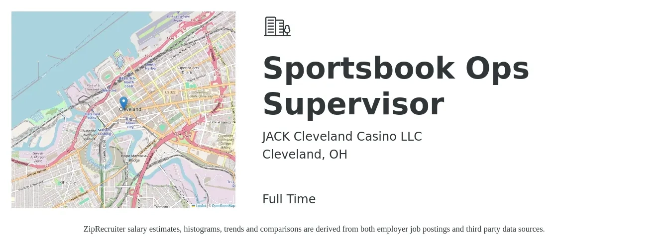JACK Cleveland Casino LLC job posting for a Sportsbook Ops Supervisor in Cleveland, OH with a salary of $49,000 to $72,300 Yearly with a map of Cleveland location.