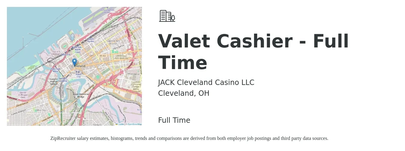 JACK Cleveland Casino LLC job posting for a Valet Cashier - Full Time in Cleveland, OH with a salary of $14 to $16 Hourly with a map of Cleveland location.