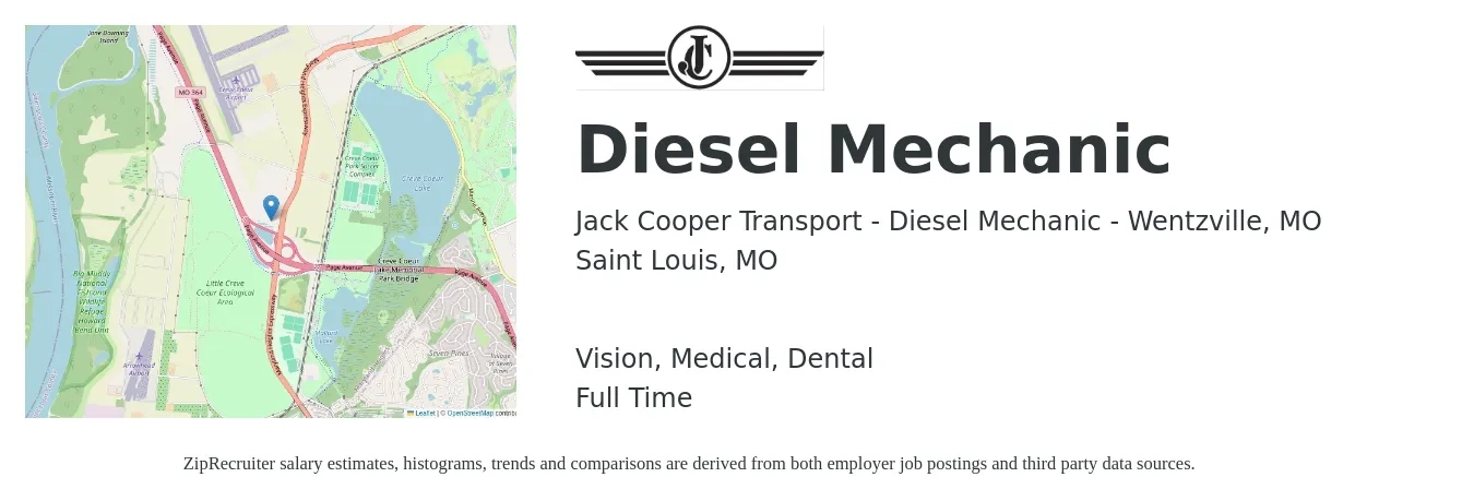 Jack Cooper Transport - Diesel Mechanic - Wentzville, MO job posting for a Diesel Mechanic in Saint Louis, MO with a salary of $31 Hourly and benefits including dental, medical, and vision with a map of Saint Louis location.
